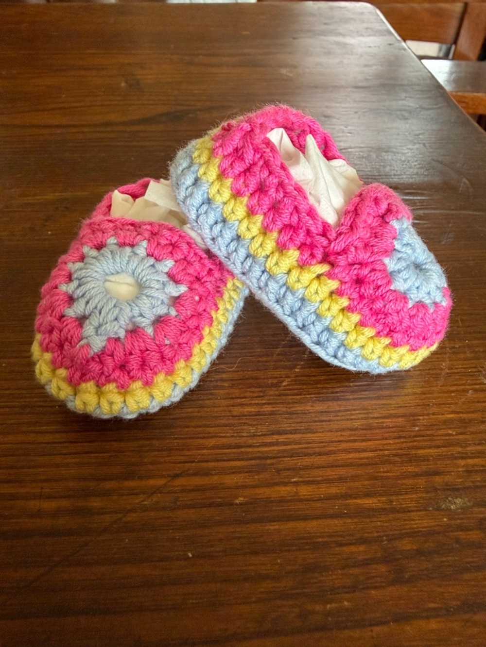 Crocheted Baby Walker Shoes in Pink, Blue & Yellow